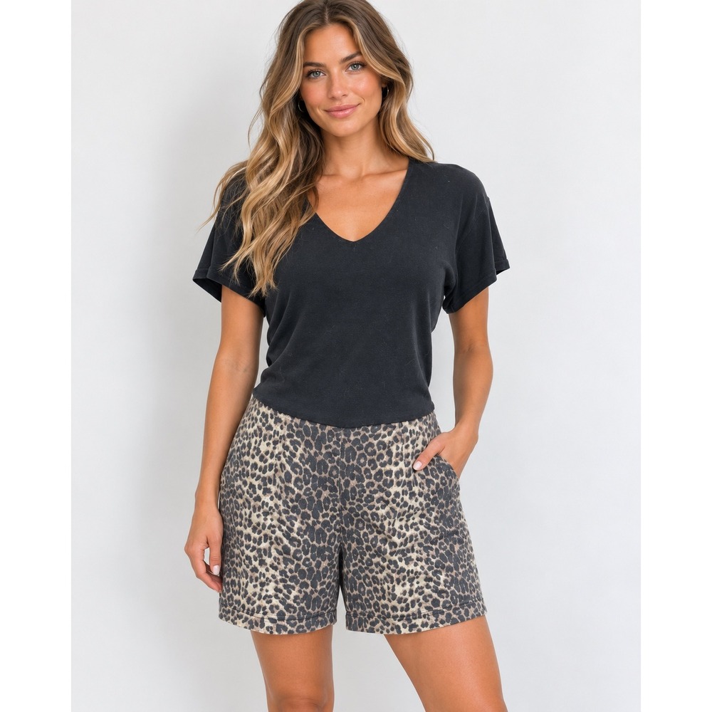 Cache‎ Cotton Leopard Print Short Sleeve V-Neck Romper Womens Size 8 Vintage 90s